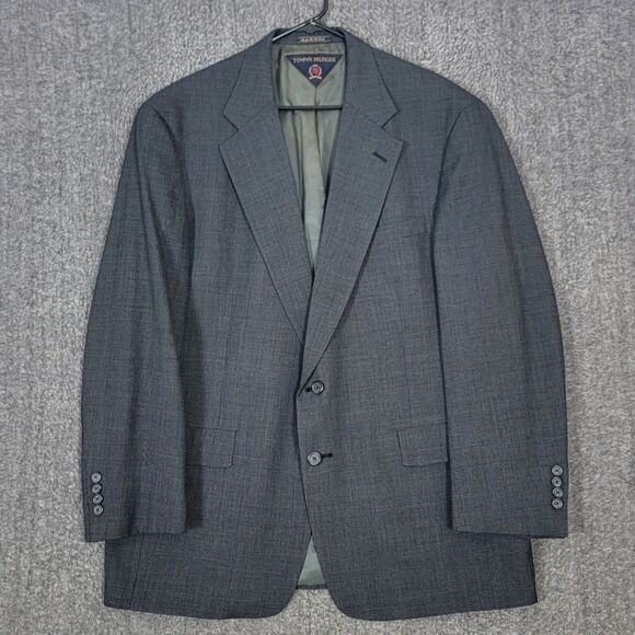 Vintage Tommy Hilfiger Blazer Mens 43R Gray Plaid Wool USA Made Jacket ACTWU - Picture 1 of 16